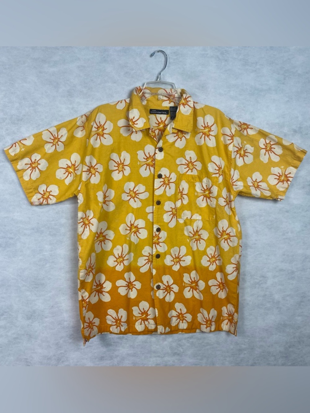 Vtg No Boundaries Shirt Men Large Hawaiian Floral Yellow Ombré Loop Collar Flaw